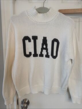 Z Supply White Mock Neck Sweater with Black CIAO Graphic